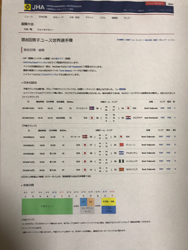 日本ハンドボール協会の試合結果記録表